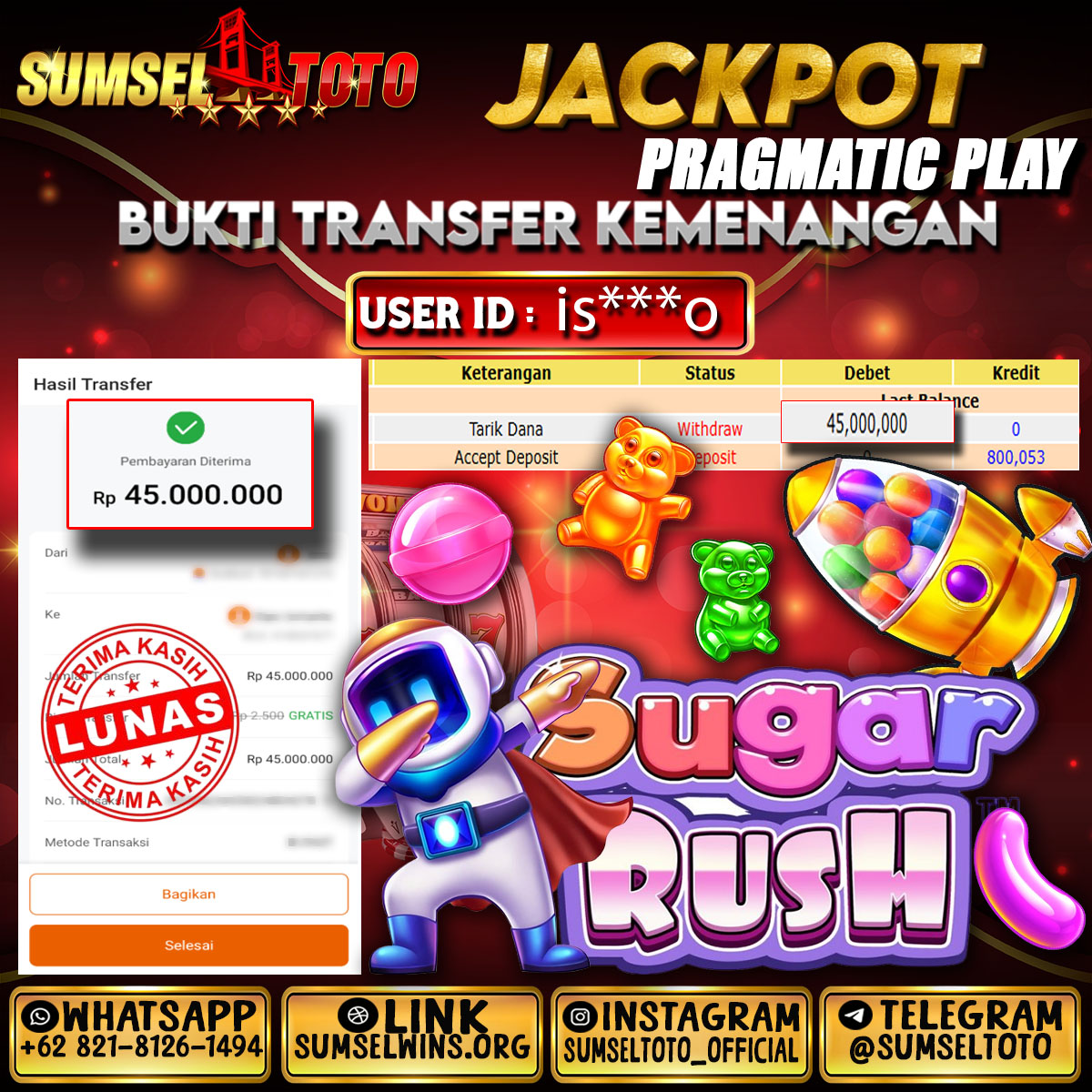 SUMSELTOTO JACKPOT SUGAR RUSH Rp.45,000,000.,- LUNAS