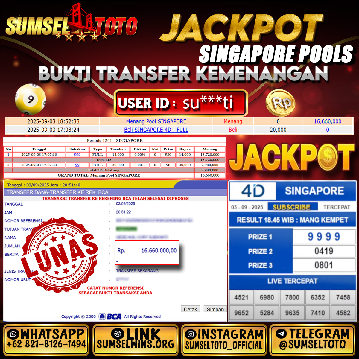 SUMSELTOTO JACKPOT TOTO SGP POLLS  Rp.16,660,000.,- LUNAS
