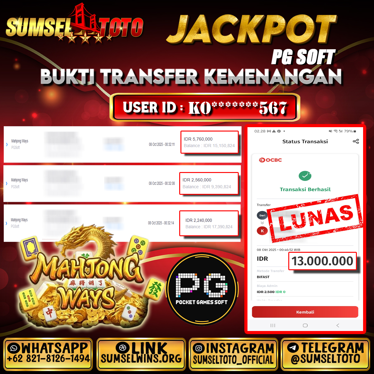 SUMSELTOTO JACKPOT MAHJONG WAYS  Rp.13,000,000.,- LUNAS
