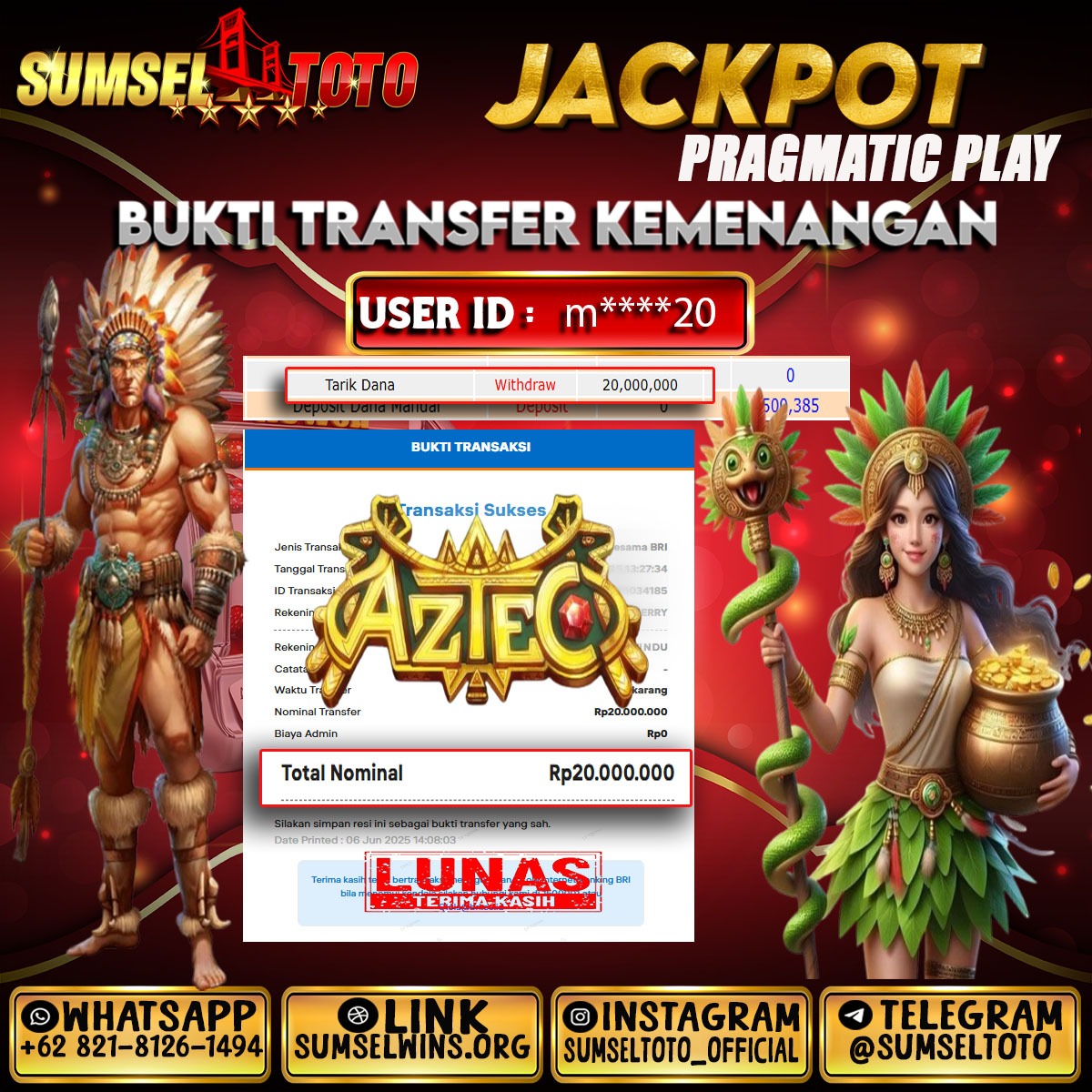 SUMSELTOTO JACKPOT TREASURE OF AZTEC Rp.20,000,000.,- LUNAS