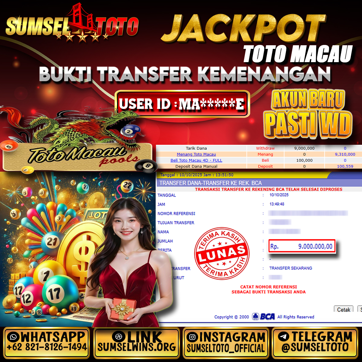 SUMSELTOTO JACKPOT TOGEL TOTO MACAU Rp.9.000.000.,- LUNAS