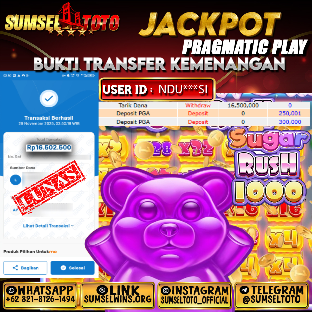 SUMSELTOTO JACKPOT SLOT SUGAR RUSH Rp.16,500,000.,- LUNAS