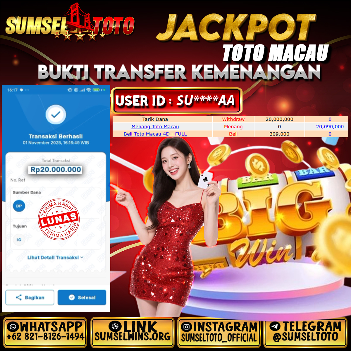 SUMSELTOTO JACKPOT TOGEL TOTO MACAU Rp.20,000,000.,- LUNAS