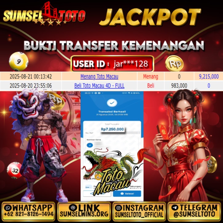 SUMSELTOTO JACKPOT TOTO MACAU 4D Rp.7,250,000.,- LUNAS