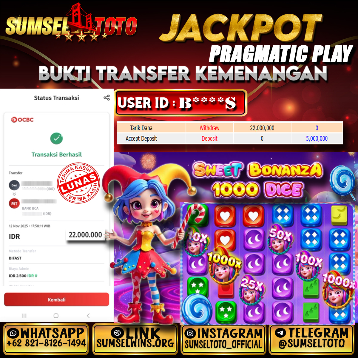 SUMSELTOTO JACKPOT SLOT SWEET BONANZA DICE 1000 Rp.22,000,000.,- LUNAS