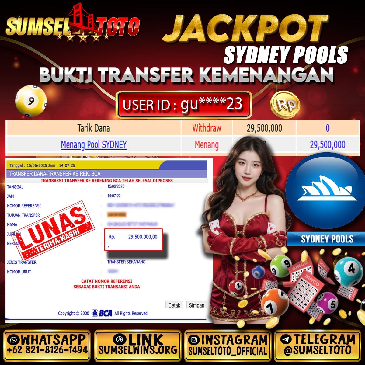 SUMSELTOTO JACKPOT SYDNY POOLS Rp.29,500,000.,- LUNAS
