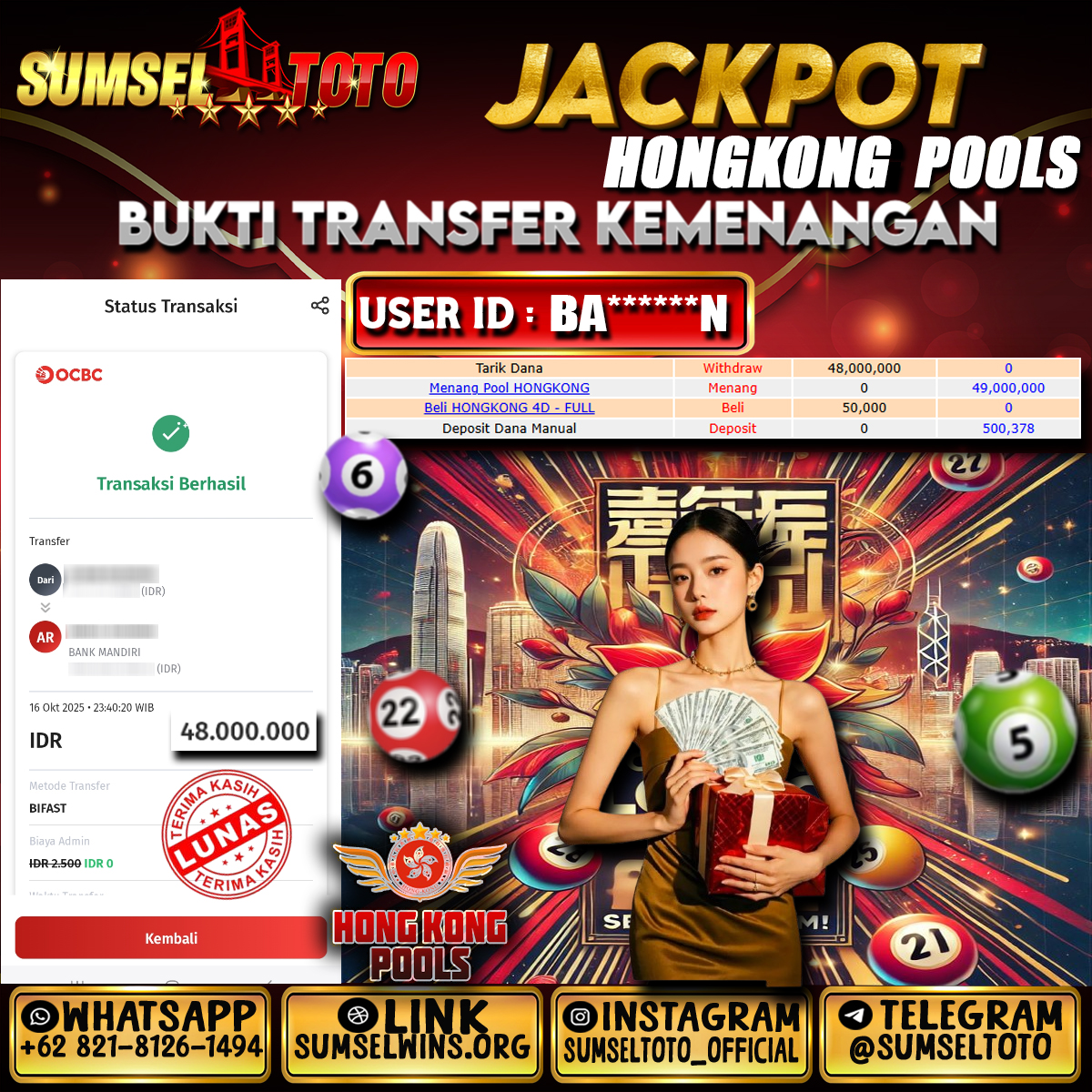 SUMSELTOTO JACKPOT TOGEL HONGKONG POOLS Rp.48,000,000,- LUNAS