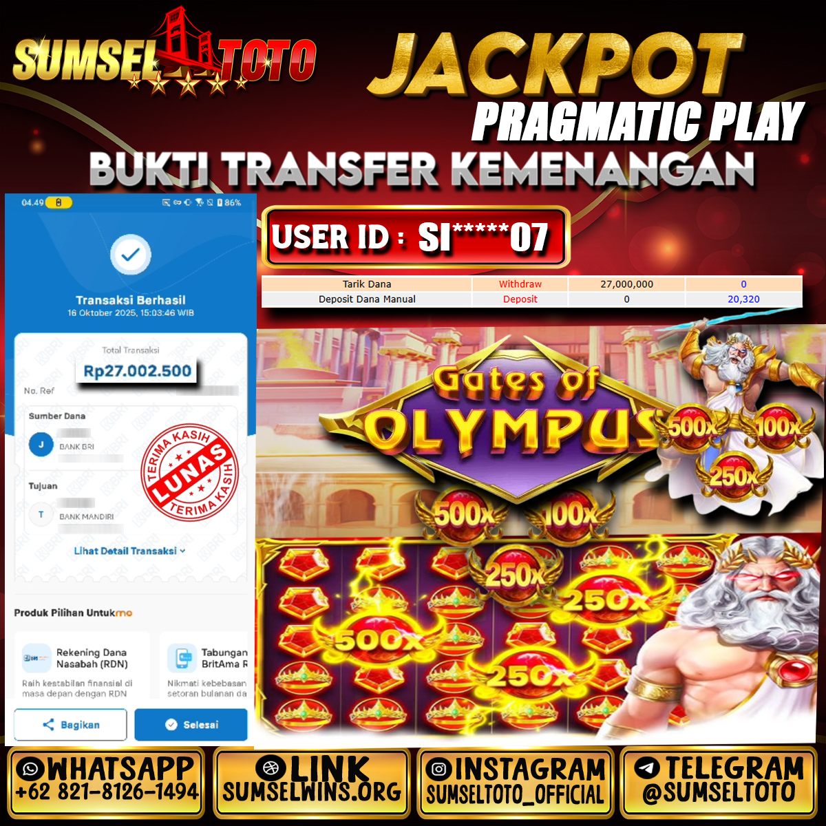 SUMSELTOTO JACKPOT SLOT GATES OF OLYMPUS Rp.27,000,000,- LUNAS