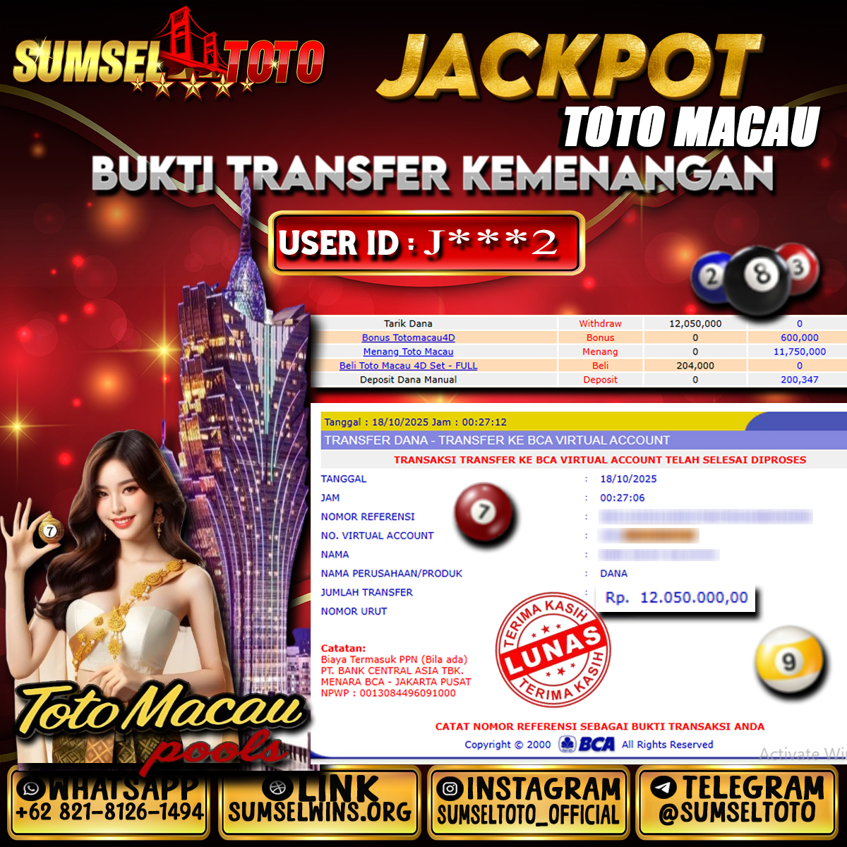 SUMSELTOTO JACKPOT TOGEL TOTO MACAU Rp.12,050,000.,- LUNAS