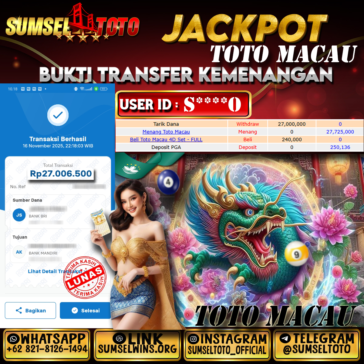 SUMSELTOTO JACKPOT TOGEL TOTO MACAU Rp.27,000,000.,- LUNAS