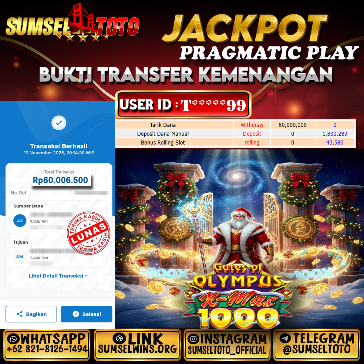 SUMSELTOTO JACKPOT SLOT GATES OF OLYMPUS X-MAS 1000 Rp.60,000,000.,- LUNAS