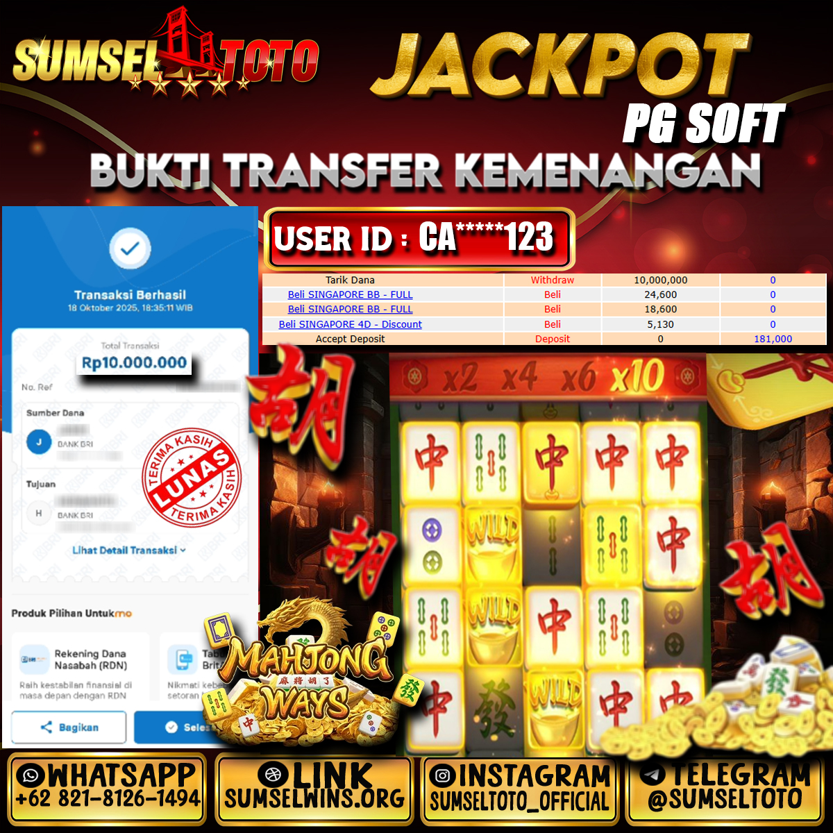 SUMSELTOTO JACKPOT SLOT MAHJONG WAYS Rp.10,000,00.,- LUNAS