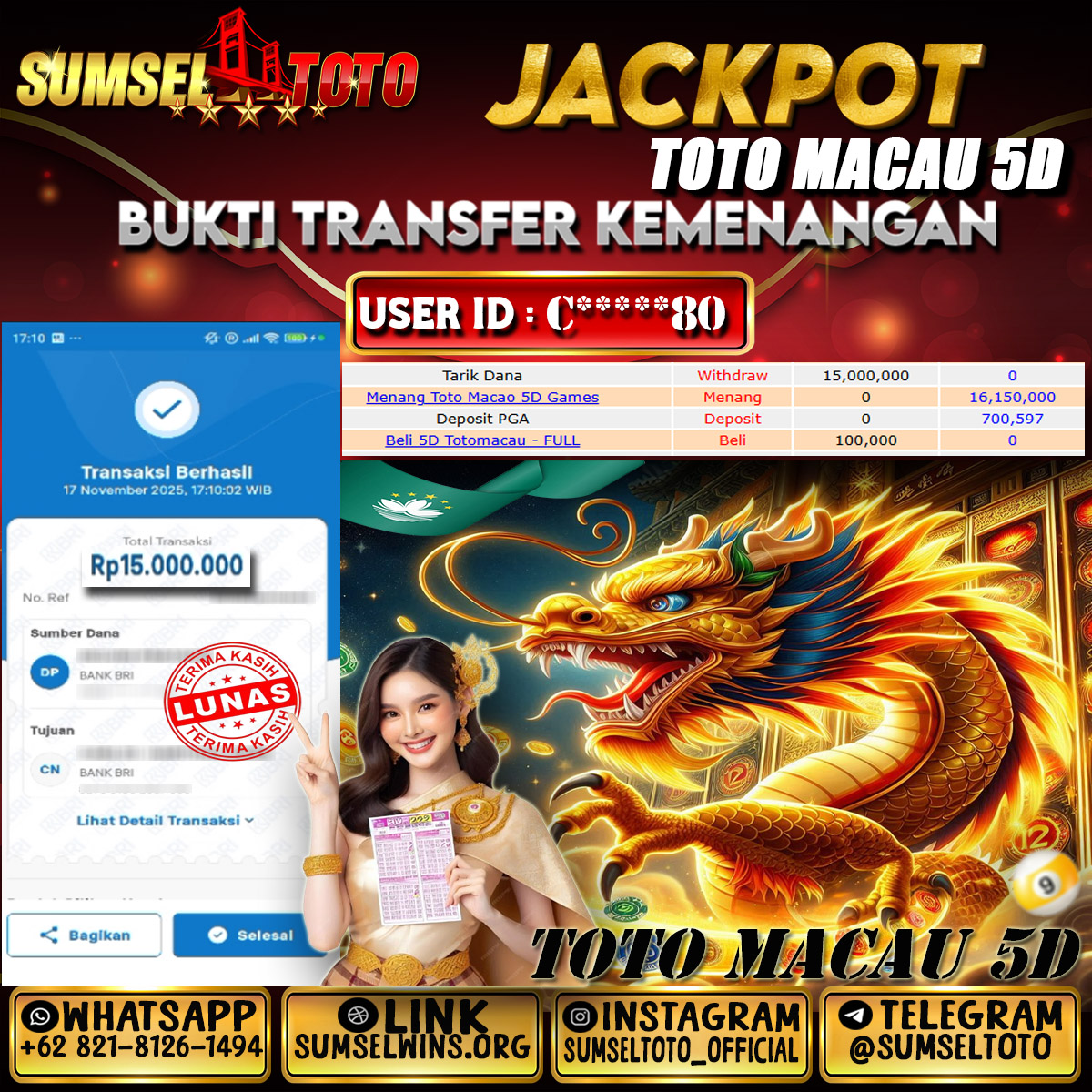 SUMSELTOTO JACKPOT TOGEL TOTO MACAU 5D Rp.15,000,000.,- LUNAS