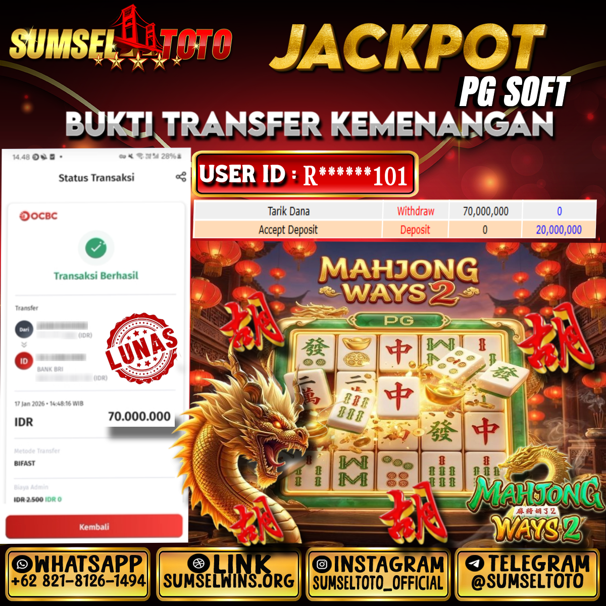 SUMSELTOTO JACKPOT SLOT MAHJONG WAYS 2 Rp.70,000,000.,- LUNAS