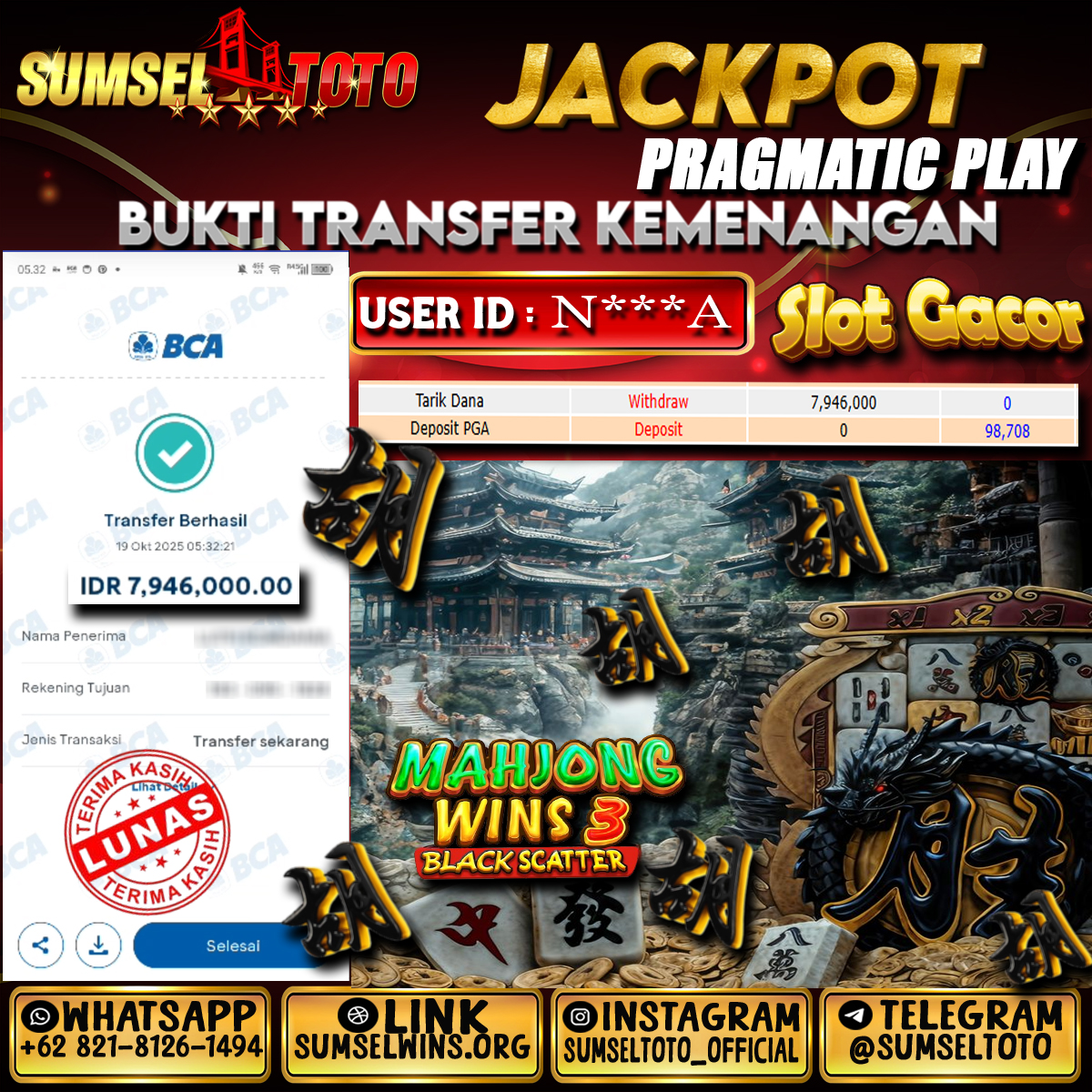 SUMSELTOTO JACKPOT SLOT MAHJONG WINS 3 BLACK SCATTER  Rp.7,946,00.,- LUNAS