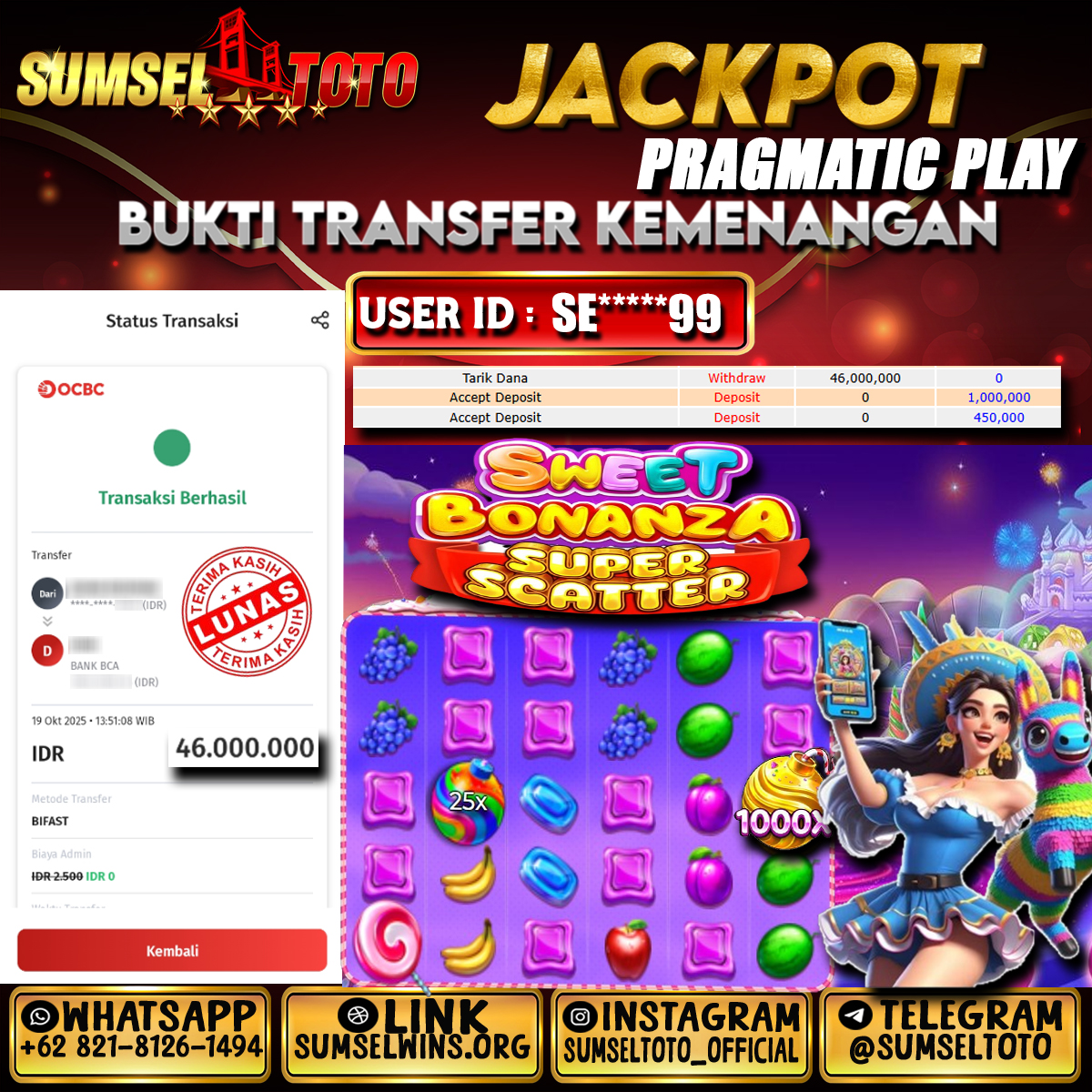 SUMSELTOTO JACKPOT SLOT SWEET BONANZA SUPER SCATTER Rp.46,000,00.,- LUNAS