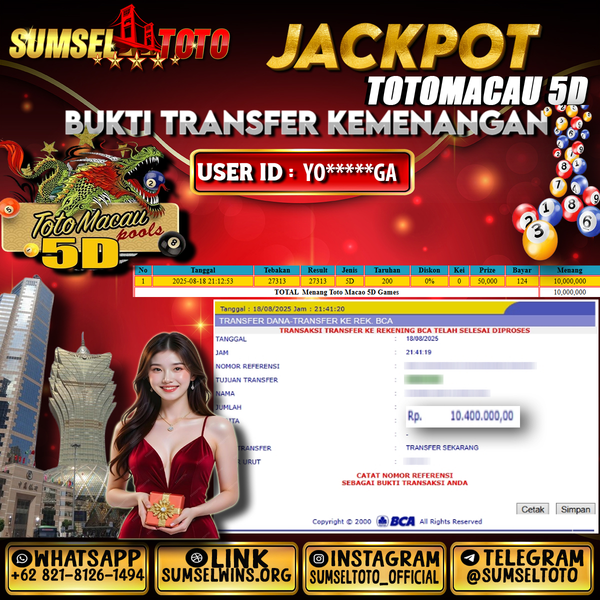 SUMSELTOTO JACKPOT TOGEL TOTO MACAU 5D Rp.10.400.000.,- LUNAS