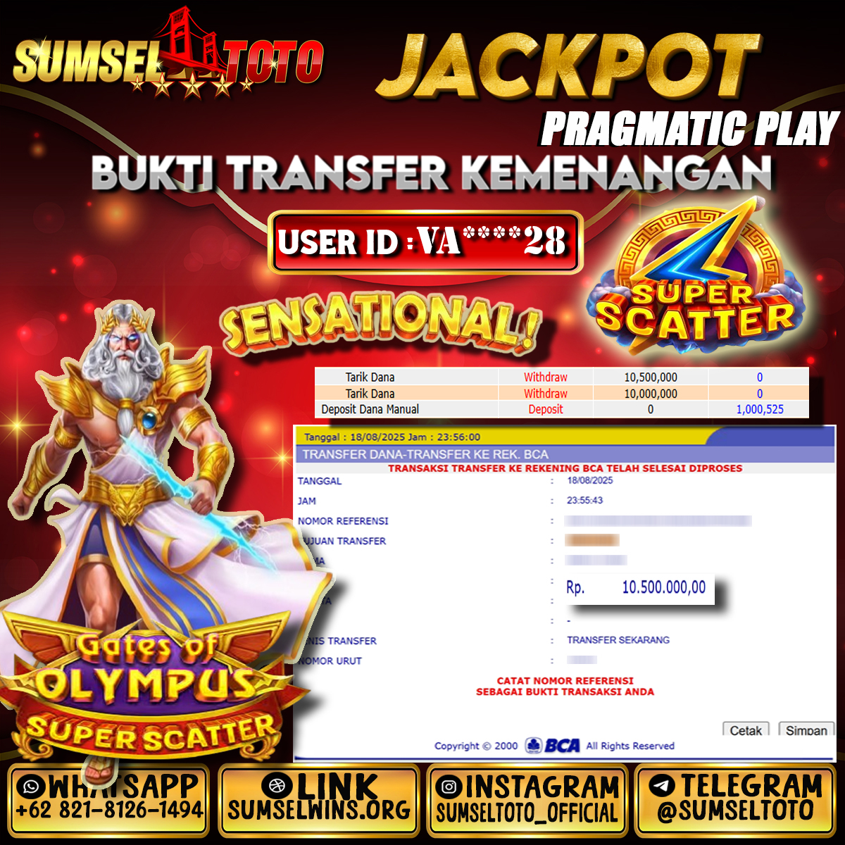 SUMSELTOTO JACKPOT GATES OF OLYMPUS SUPER SCATTERRp.10.500.000.,- LUNAS