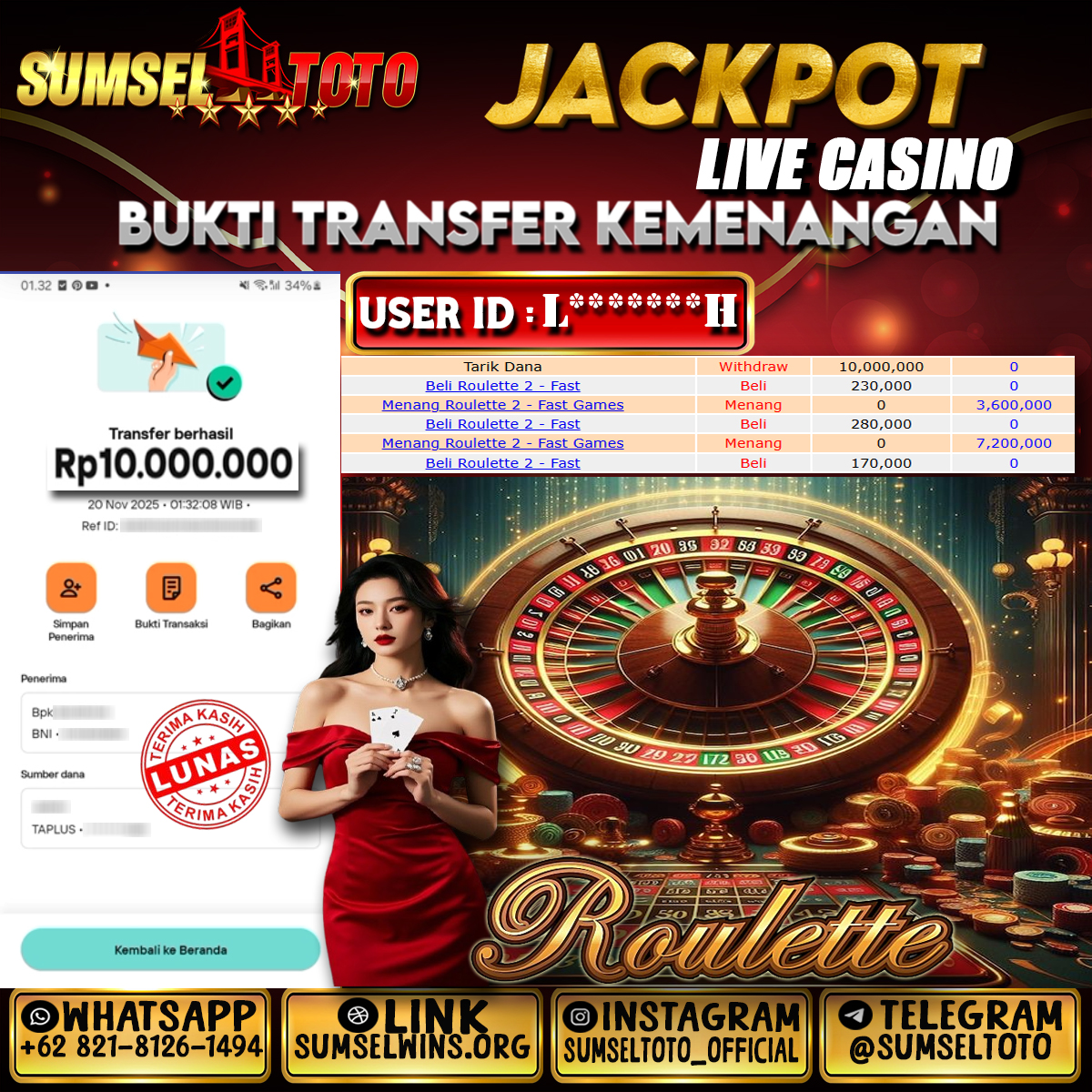 SUMSELTOTO JACKPOT ROULETTE Rp.10,000,000.,- LUNAS