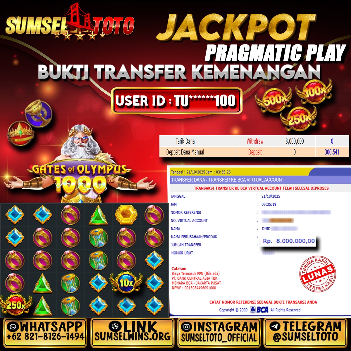 SUMSELTOTO JACKPOT SLOT GATES OF OLYMPUS 1000 Rp.8,000,00.,- LUNAS