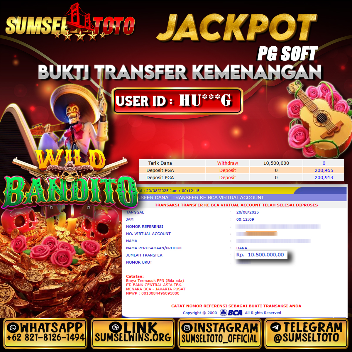 SUMSELTOTO JACKPOT WILD BANDITO  Rp.10,500,000.,- LUNAS
