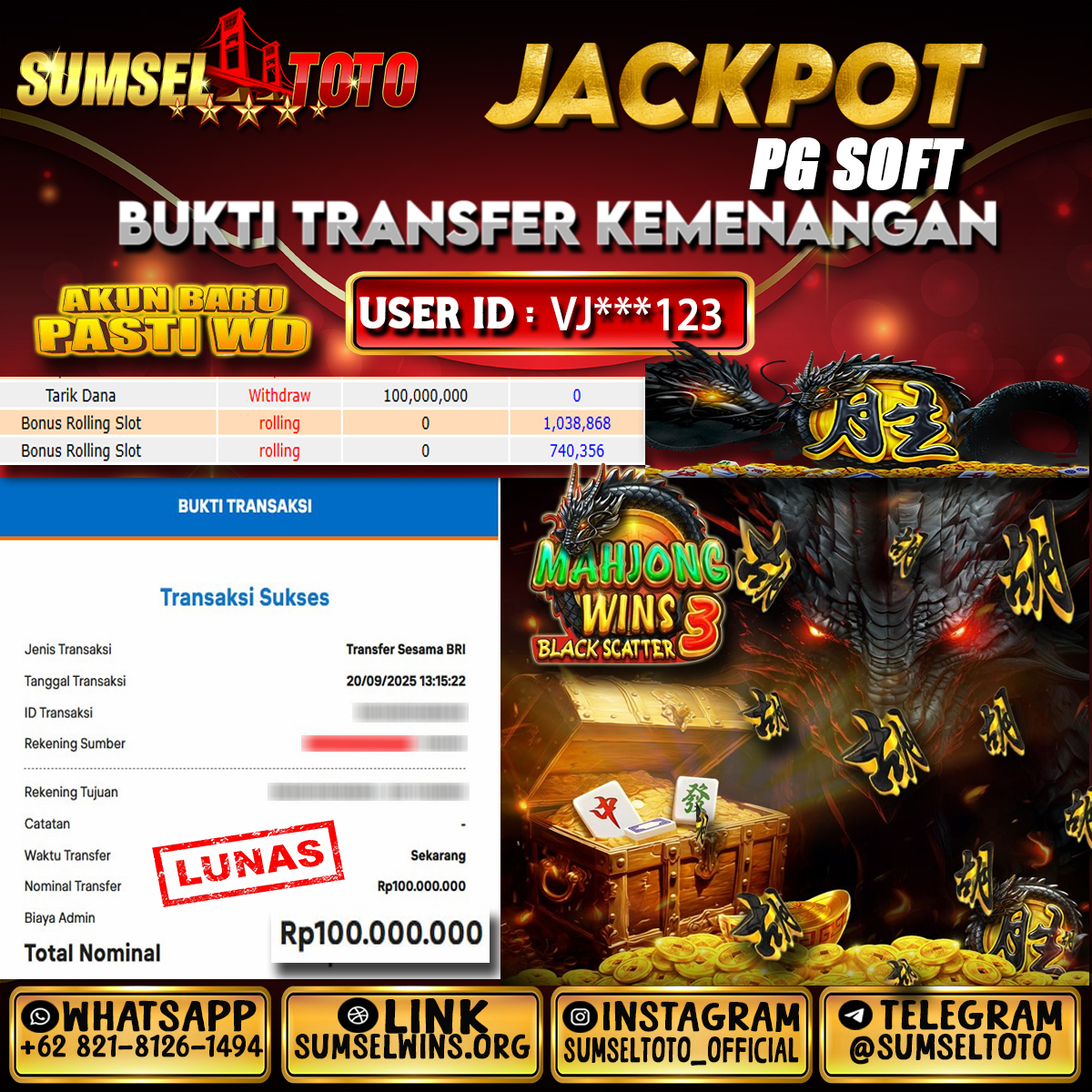 SUMSELTOTO JACKPOT SLOT MAHJONG WINS 3 Rp.100.000.000.,- LUNAS