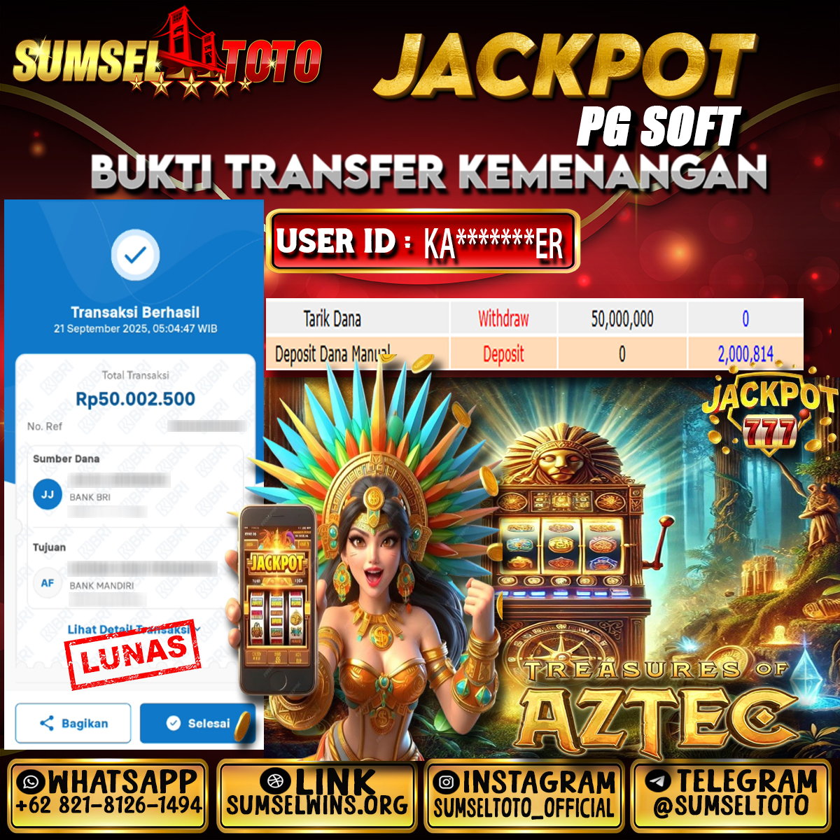 SUMSELTOTO JACKPOT SLOT TREASURES OF AZTEC Rp.50.000.000.,- LUNAS
