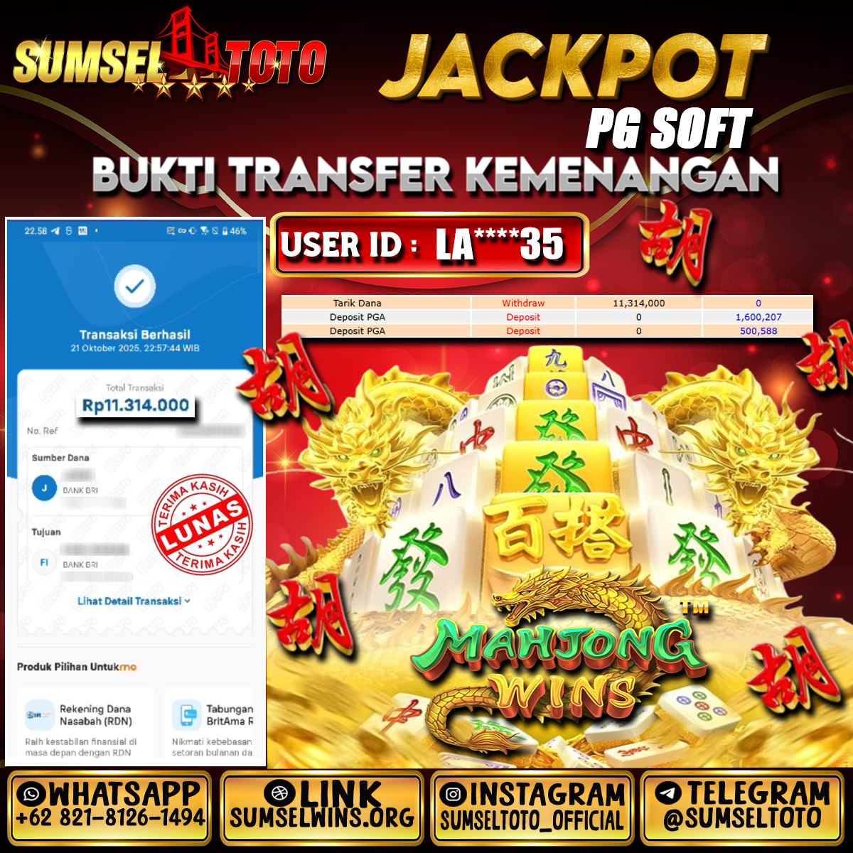SUMSELTOTO JACKPOT SLOT MAHJONG WINS Rp.11,314,000.,- LUNAS