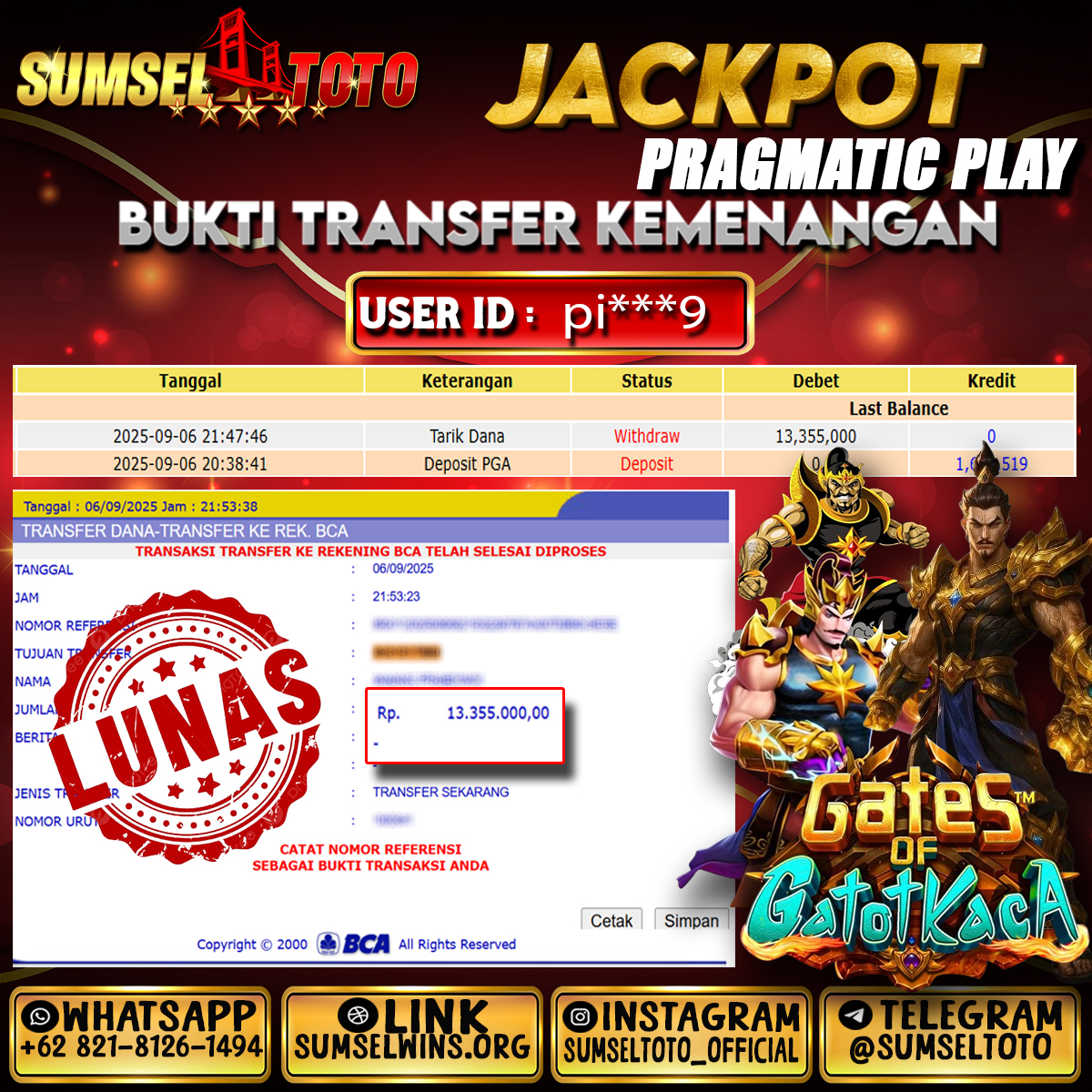 SUMSELTOTO JACKPOT GATES OF GATOTKACA Rp.13,355,000.,- LUNAS
