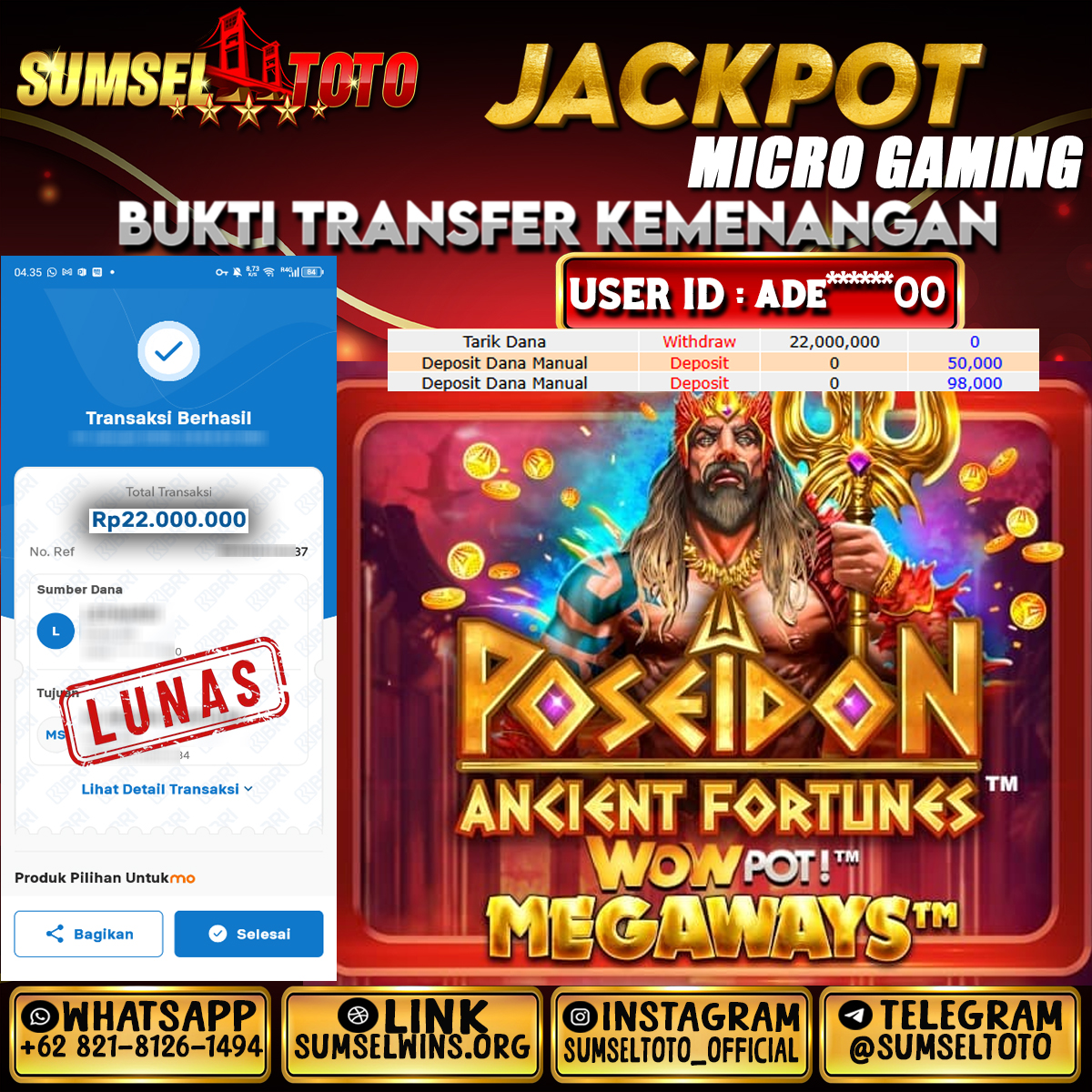 SUMSELTOTO JACKPOT SLOT  POSEIDON ANCIENT FORTUNE Rp.20,000,000.,- LUNAS
