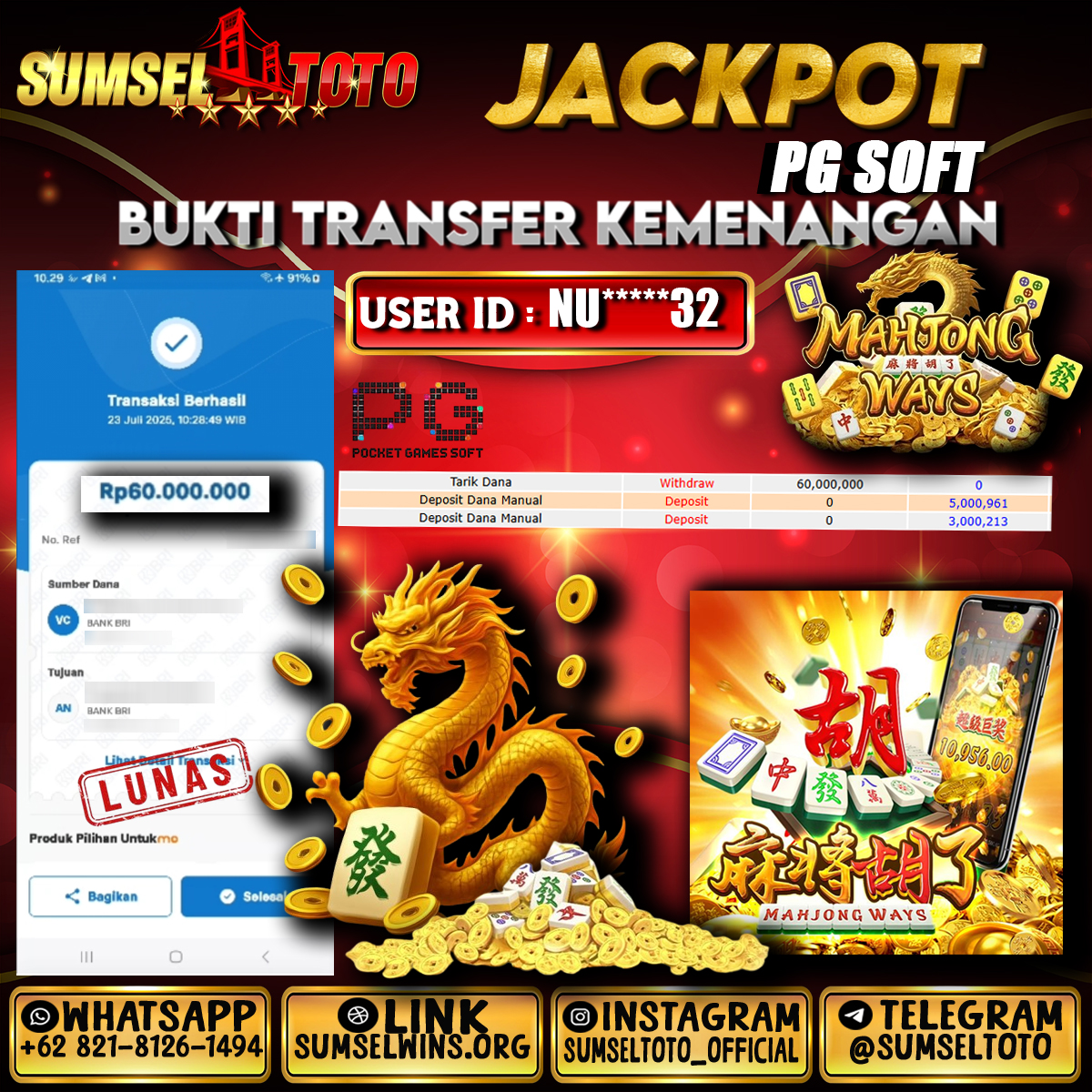 SUMSELTOTO JACKPOT SLOT MAHJONG WAYS Rp.60,000,000.,- LUNAS