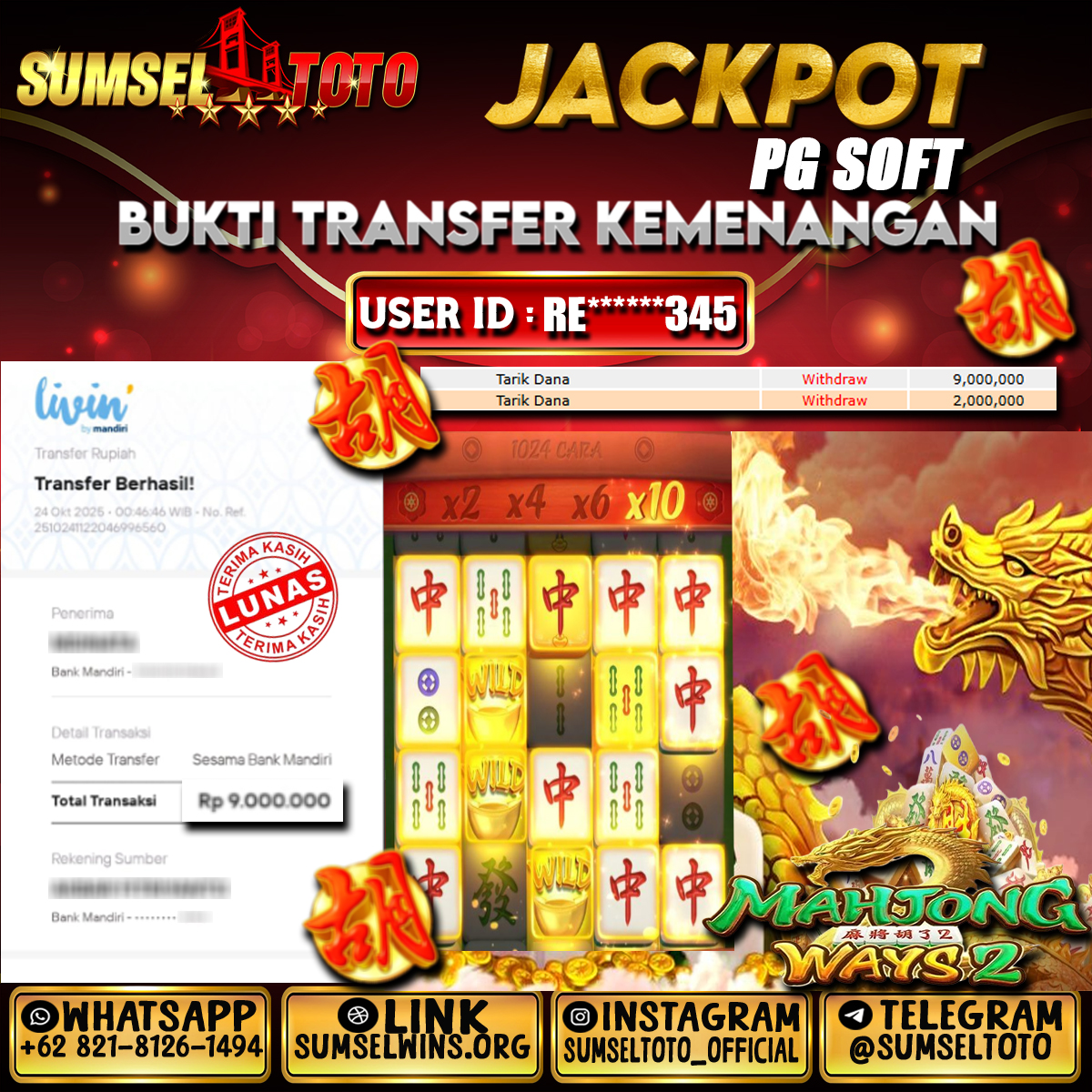SUMSELTOTO JACKPOT SLOT MAHJONG WAYS 2 Rp.9,000,000.,- LUNAS