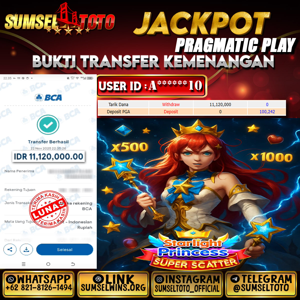SUMSELTOTO JACKPOT SLOT STARLIGHT PRINCESS SUPER SCATTER  Rp.11,120,000.,- LUNAS