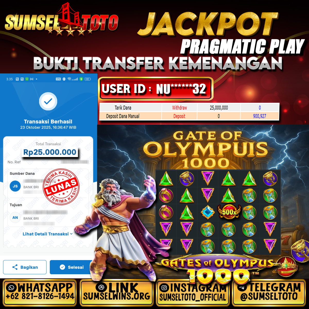 SUMSELTOTO JACKPOT SLOT GATES OLYMPUS 1000 Rp.25,000,00.,- LUNAS