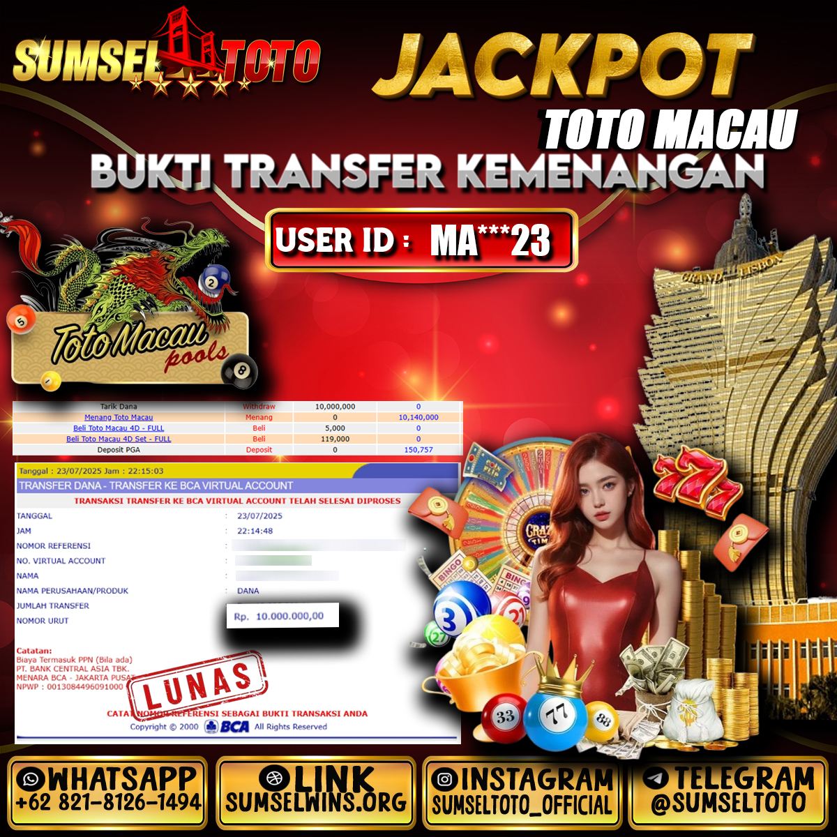 SUMSELTOTO JACKPOT TOGEL TOTO MACAU POOLS Rp.10.000.000.,- LUNAS