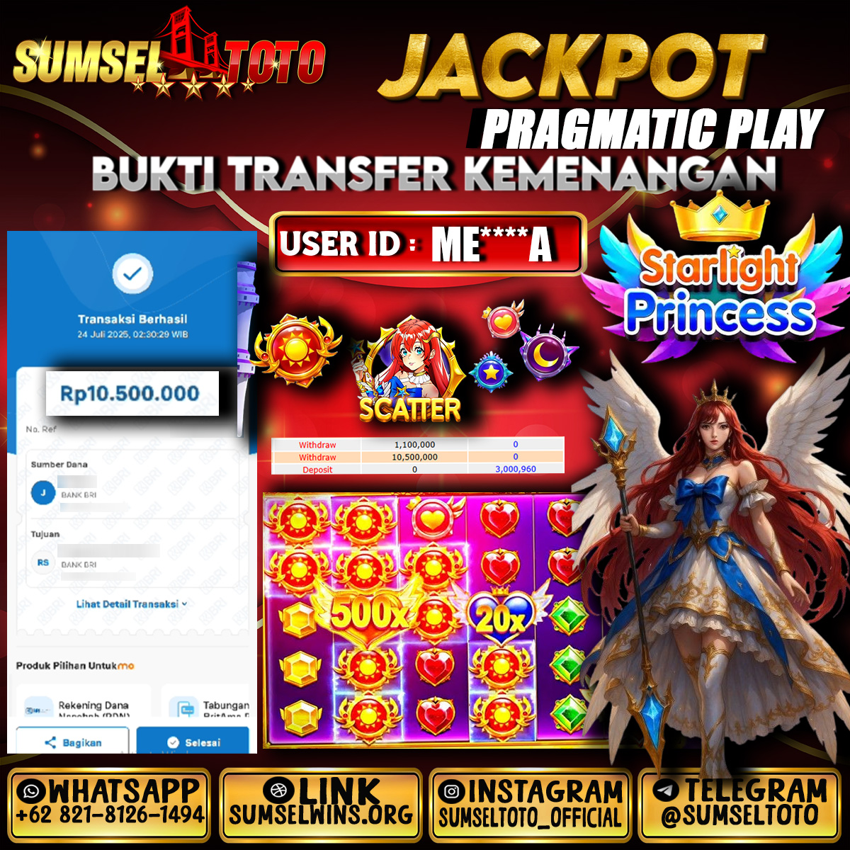 SUMSELTOTO JACKPOT SLOT STARLIGHT PRINCESS Rp.10,500,000.,- LUNAS