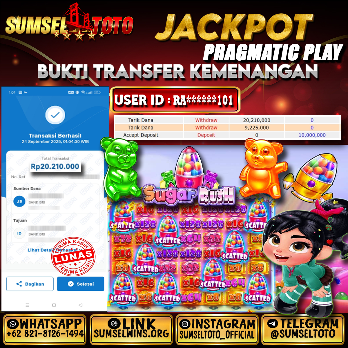 SUMSELTOTO JACKPOT SLOT SUGAR RUSH Rp.20,210,000.,- LUNAS