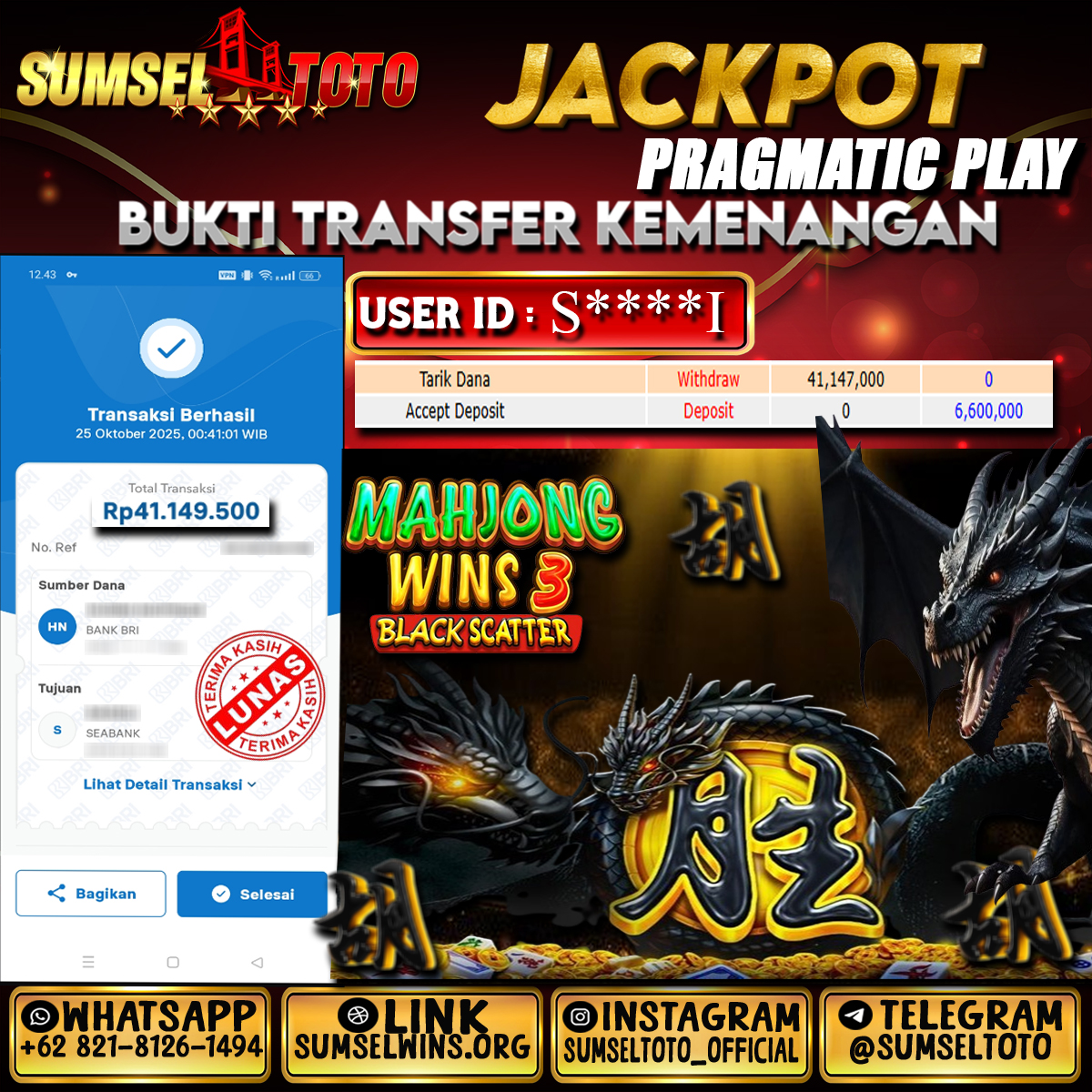 SUMSELTOTO JACKPOT SLOT MAHJONG WINS 3 BLACK SCATTER Rp.41,147,000.,- LUNAS