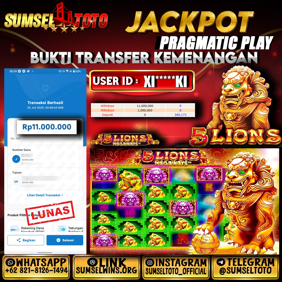 SUMSELTOTO JACKPOT SLOT 5 LIONS MEGAWAYS Rp.11,000,000.,- LUNAS