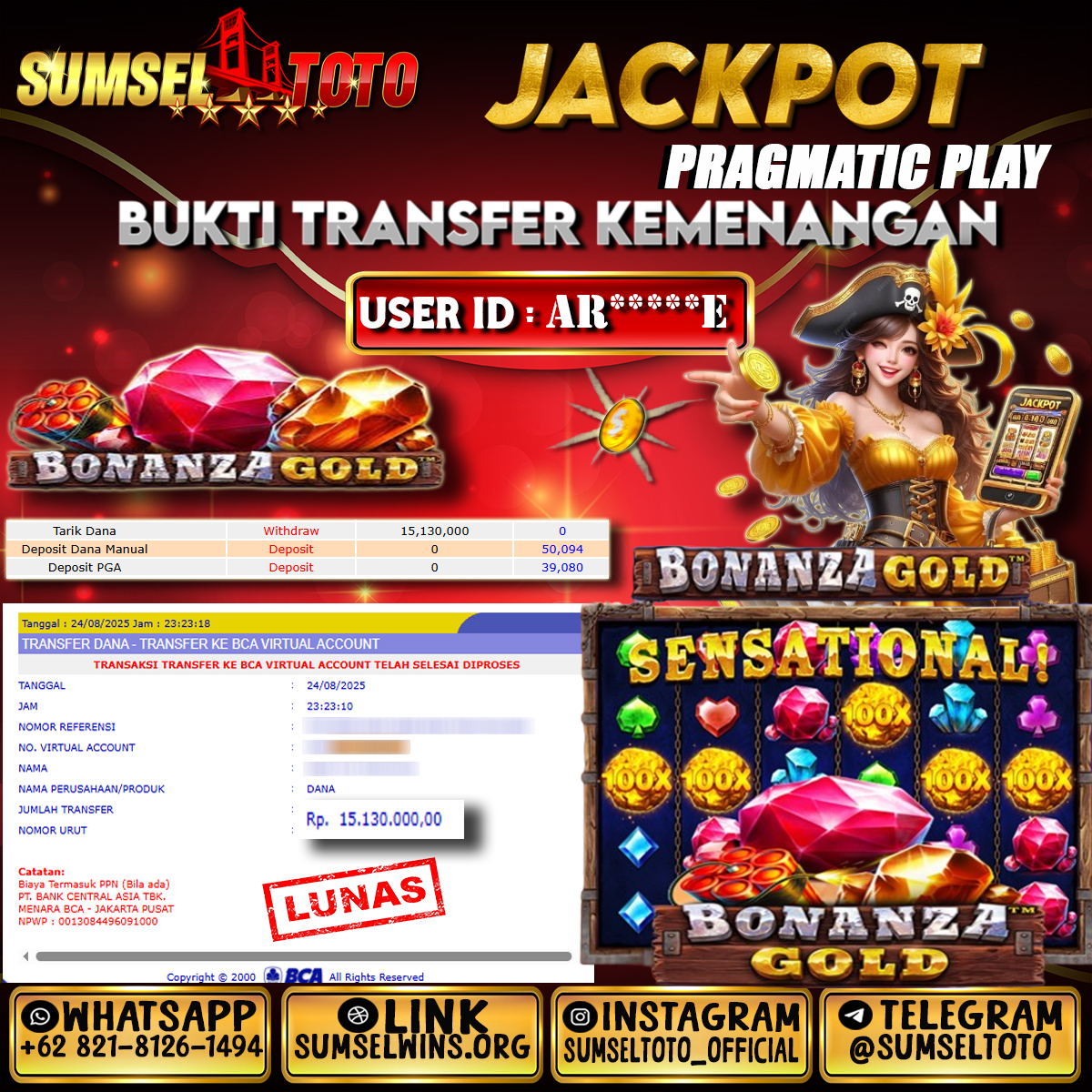SUMSELTOTO JACKPOT SLOT BONANZA GOLD Rp.15,130,000.,- LUNAS