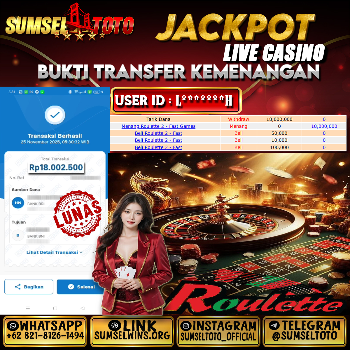 SUMSELTOTO JACKPOT ROULETTE Rp.18,000,000.,- LUNAS