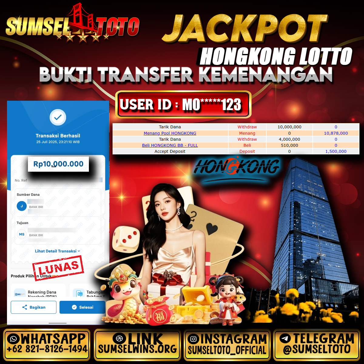 SUMSELTOTO JACKPOT TOGEL HONGKONG LOTTO Rp.10,000,000.,- LUNAS