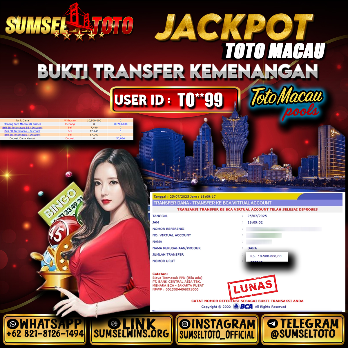 SUMSELTOTO JACKPOT TOGEL TOTO MACAU POOLS Rp.10.500.000.,- LUNAS