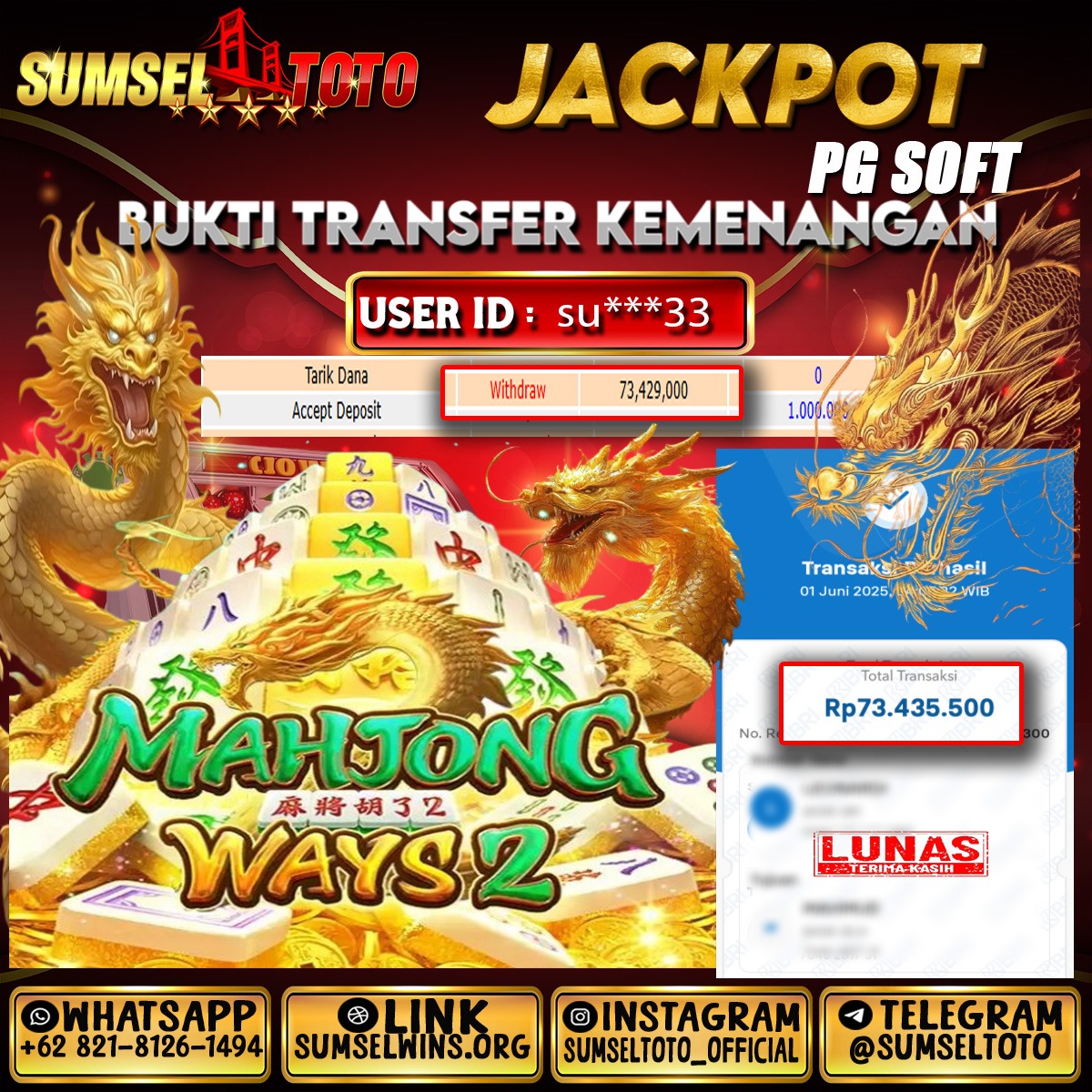 SUMSELTOTO JACKPOT MAHJONG WAYS 2 Rp.73,435,000.,- LUNAS
