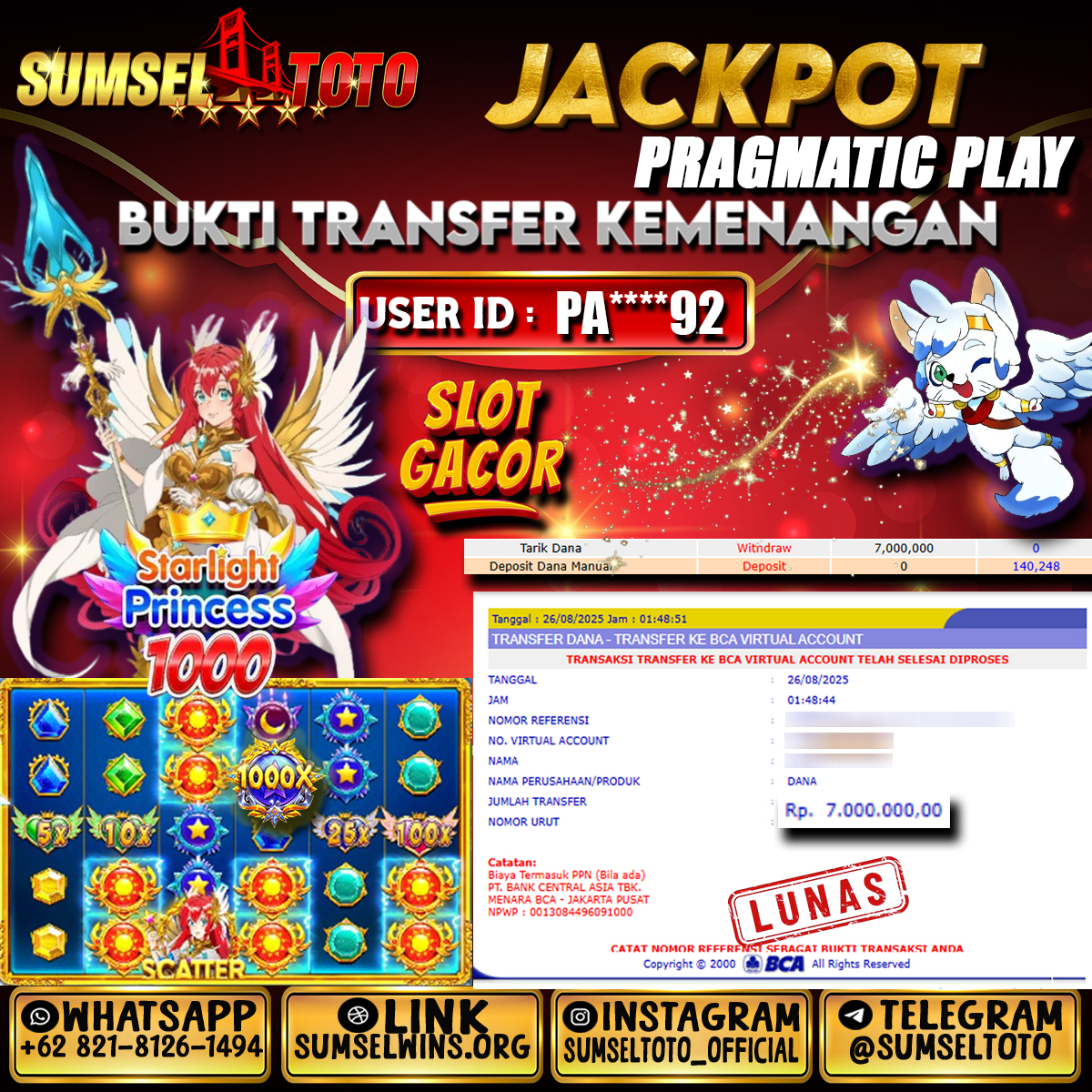 SUMSELTOTO JACKPOT SLOT STARLIGHT PRINCESS 1000 Rp.7,000,000.,- LUNAS