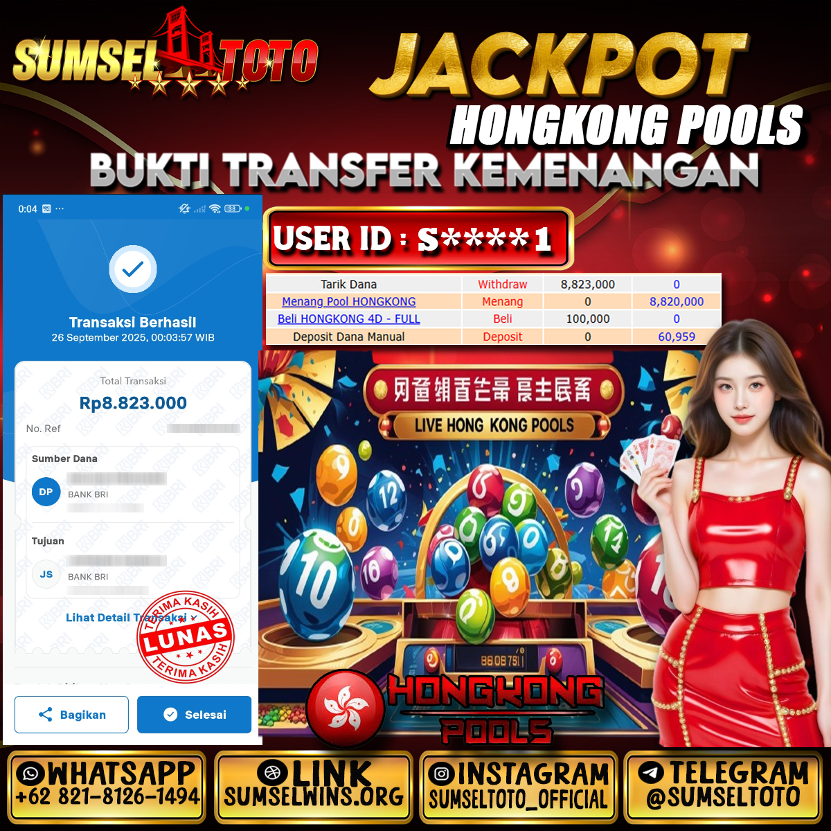 SUMSELTOTO JACKPOT TOGEL HONGKONG POOLS Rp.8.823.000.,- LUNAS