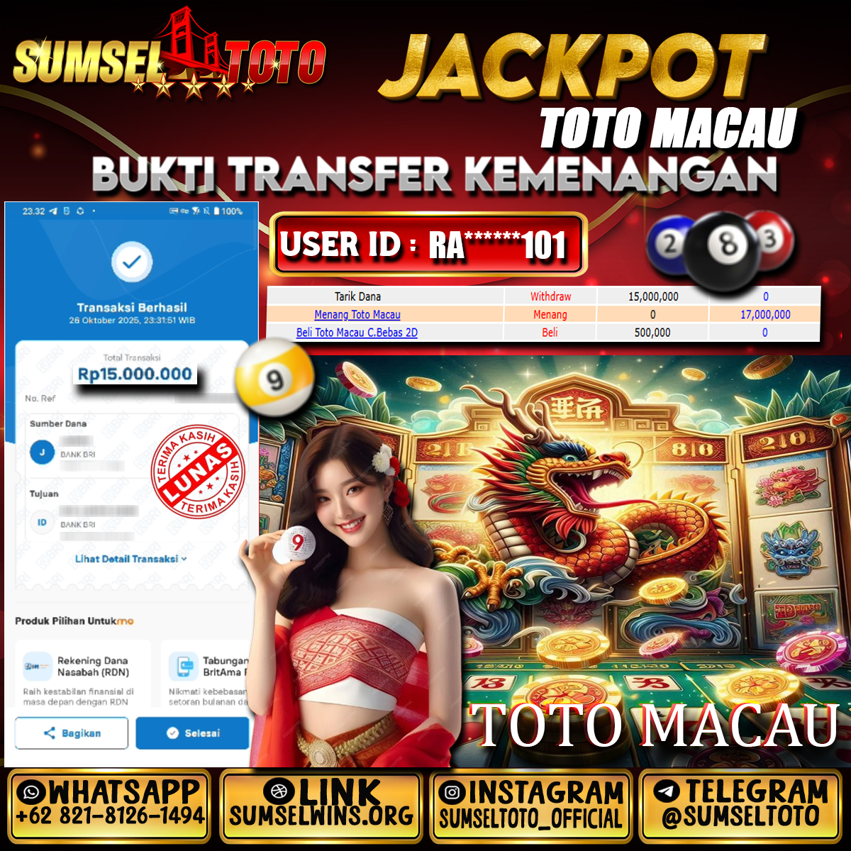 SUMSELTOTO JACKPOT TOGEL TOTO MACAU Rp.15,000,000.,- LUNAS