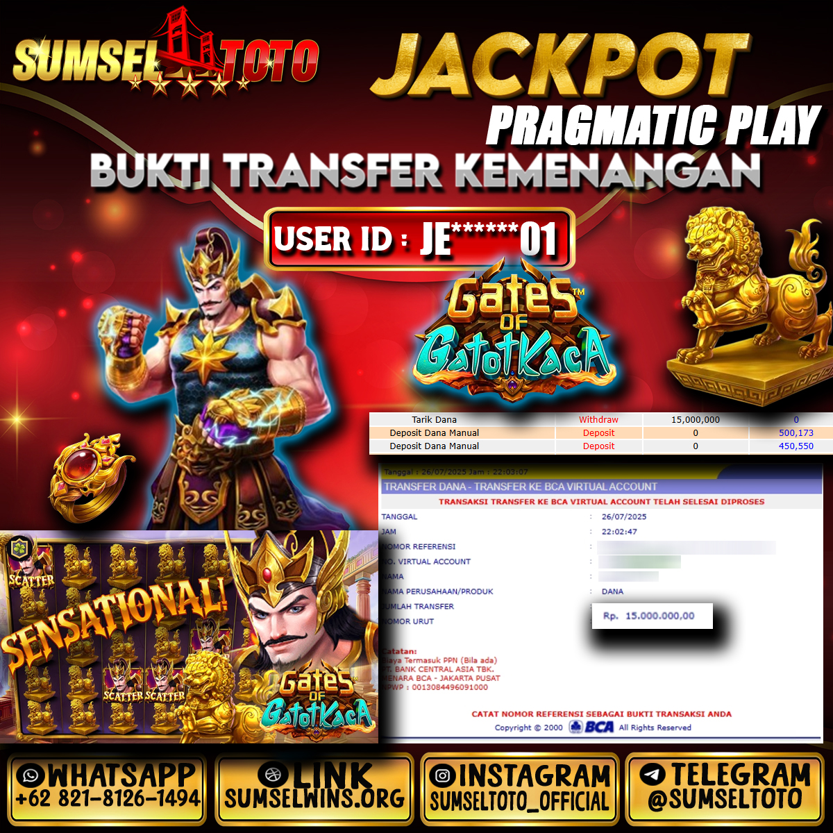 SUMSELTOTO JACKPOT GATES OF GATOT KACA Rp.15,000,000.,- LUNAS