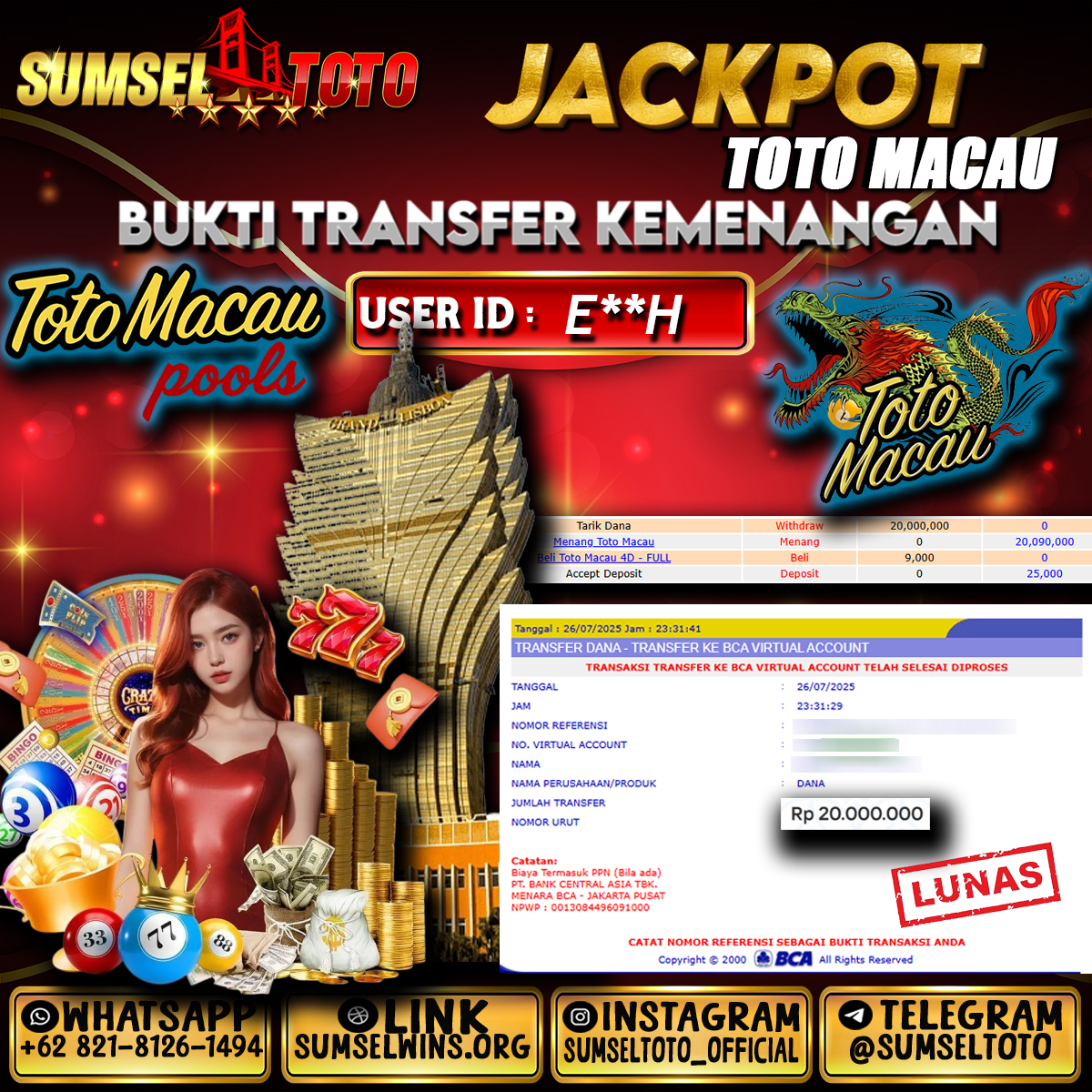 SUMSELTOTO JACKPOT TOGEL TOTO MACAU POOLS Rp.20.000.000.,- LUNAS