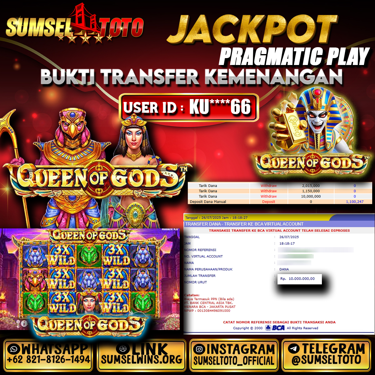 SUMSELTOTO JACKPOT SLOT QUEEN OF GODS Rp.10,000,000.,- LUNAS